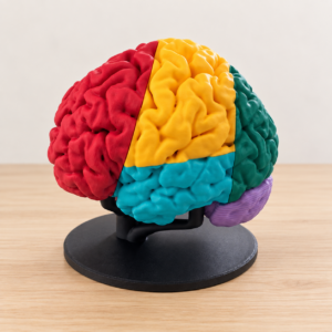 Cervello multicolore componibile su supporto scuro, vista laterale