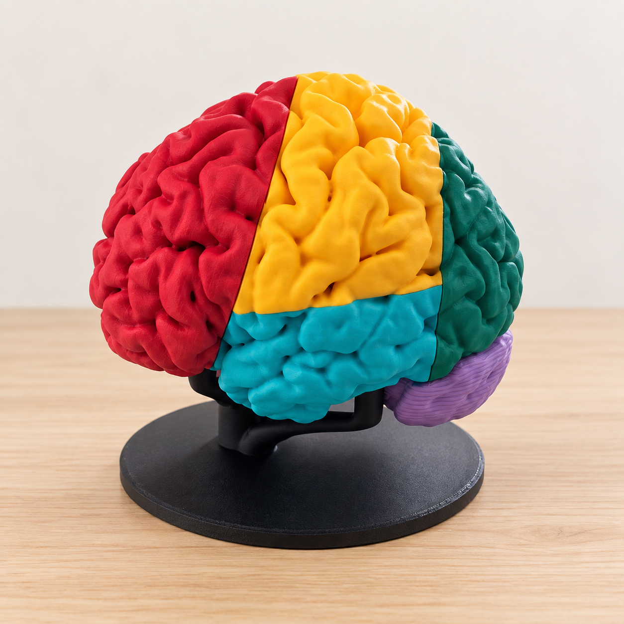 Cervello multicolore componibile su supporto scuro, vista laterale
