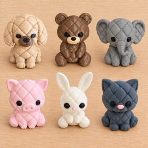 Sei statuette Quilted su legno chiaro: cucciolo, orsetto, elefante, maialino, coniglietto e gattino