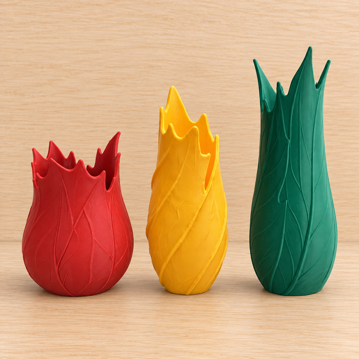 Tre vasi autunnali PixThinkLab: Foglie rosso, Harvest Spiral giallo ocra e Foglie alto verde bosco, su legno chiaro.