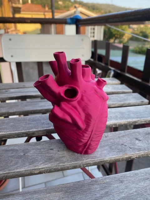 Foto reale del vaso a cuore anatomico magenta appoggiato su un tavolo in legno