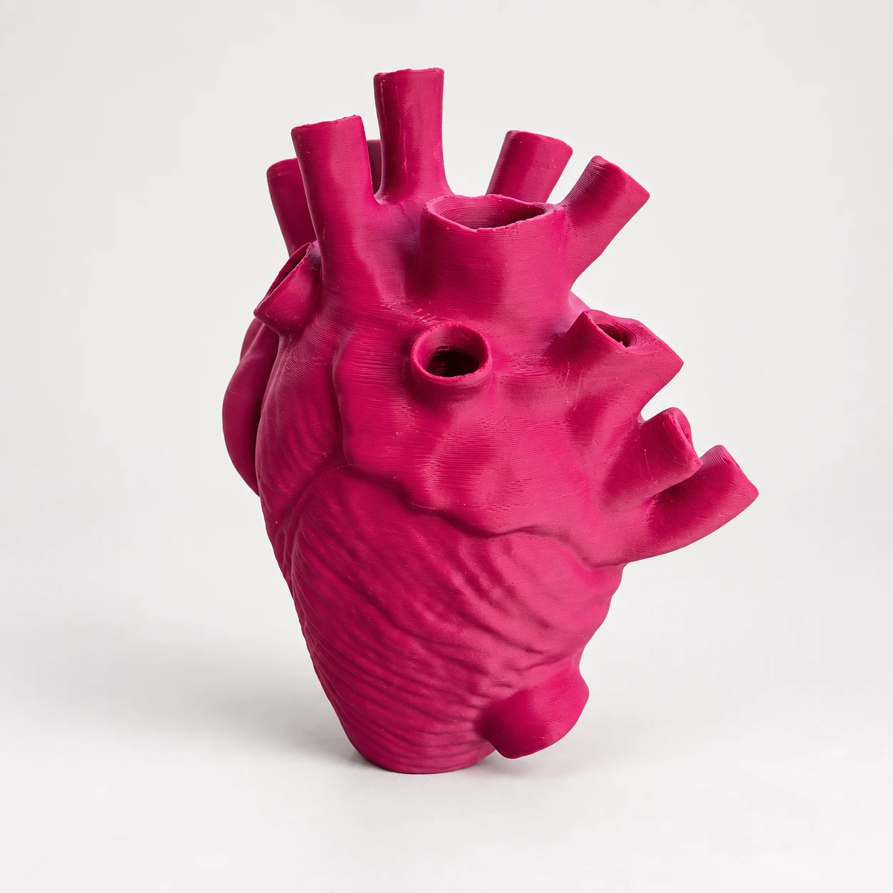 Vaso a cuore anatomico in PLA magenta, vista frontale su fondo chiaro