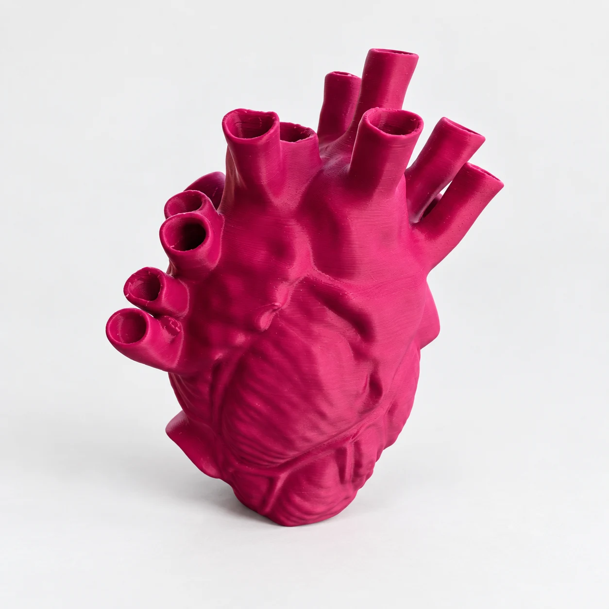 Vaso a cuore anatomico in PLA magenta, vista laterale su fondo chiaro